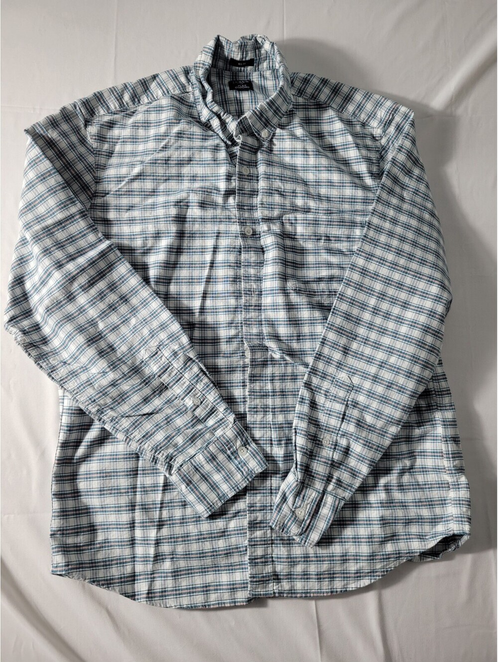 J Crew Flex Oxford Shirt Mens Large Slim Fit White Pink Plaid Button Down Cotton